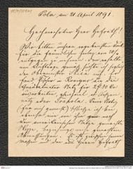 Nachlass Franz Steindachner, Brief von Wilhelm Mörth an Franz Steindachner (21.04.1891), Inv.Nr. 351.01, Seite 1